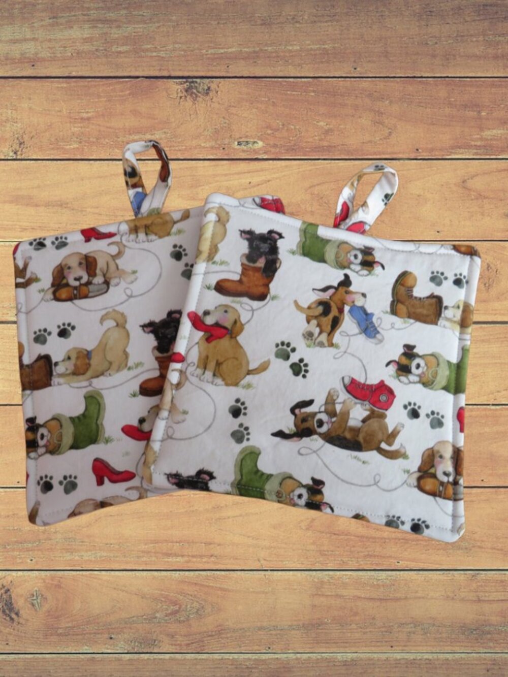 Handmade Potholder, Dogs With Shoes Hot Pad, Set of 2